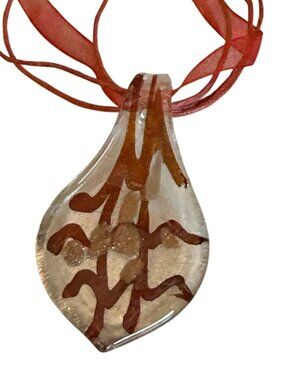Handcrafted Glass Pendant Necklace Red Ribbon Cord Abstract Wearable Art Sparkly